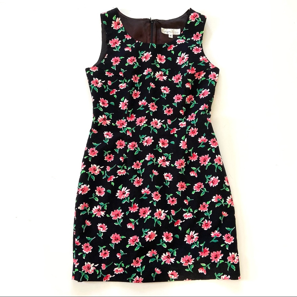 Vintage 90s Y2K Geoffrey Beene Black & Pink Flower Power Cotton Sheath Dress